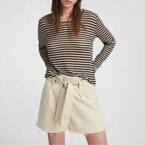 NWT All Saints Beige High Waisted Frayed Paperbag Shorts w/ Belt Womens Size L